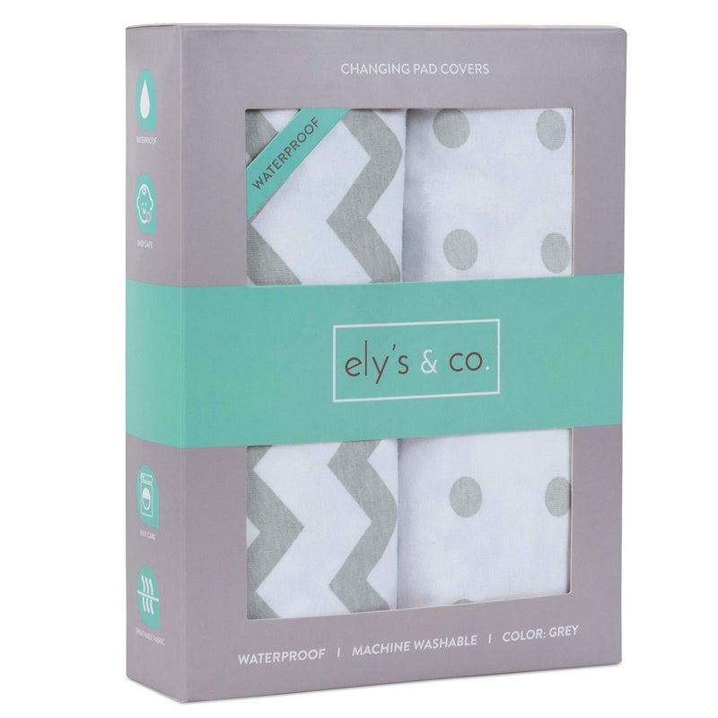 Ely's & Co. Waterproof Changing Pad Cover Sheets 2-Pack for Baby Boy or Baby Girl - (Grey Chevron & Polka Dots) - Image 1